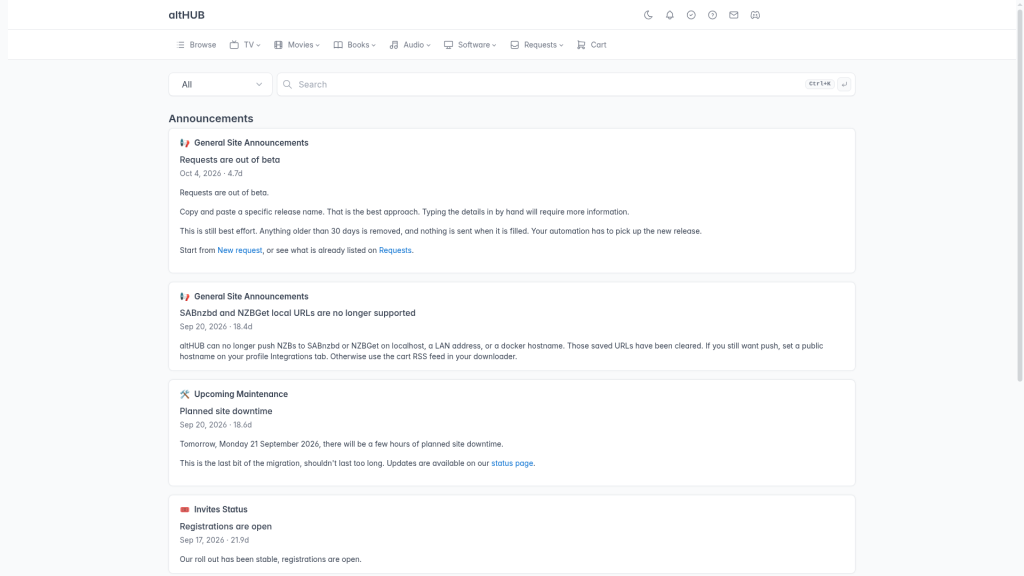 altHUB Ankündigungen zum Ende der Beta für Requests, dem Ende lokaler SABnzbd- und NZBGet-Push-URLs, geplanten Wartungsarbeiten und der wiedereröffneten Registrierung