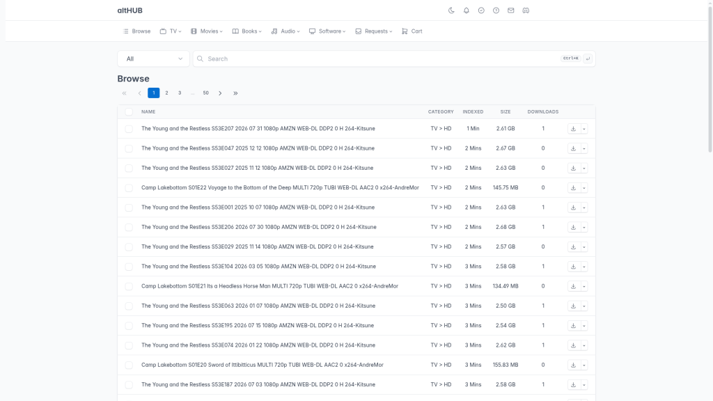 altHUB Browse-Seite mit kürzlich indexierten Veröffentlichungen inklusive Kategorie, Index-Alter, Größe und Download-Zahlen