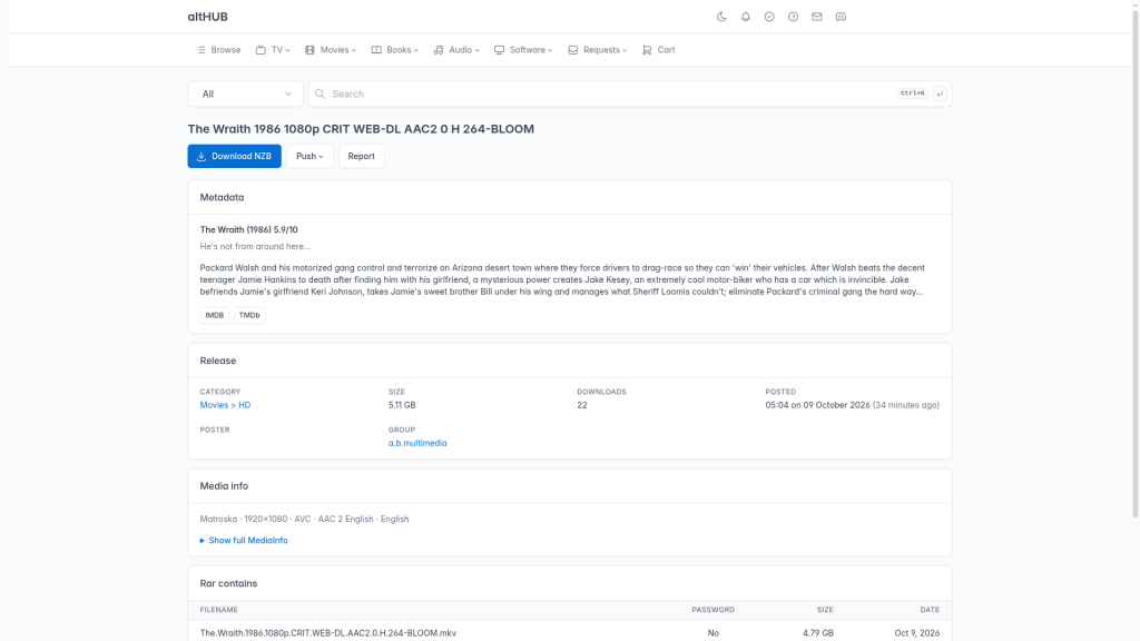 altHUB Release-Detailseite mit Download NZB- und Push-Buttons, Filmmetadaten und Release-Informationen