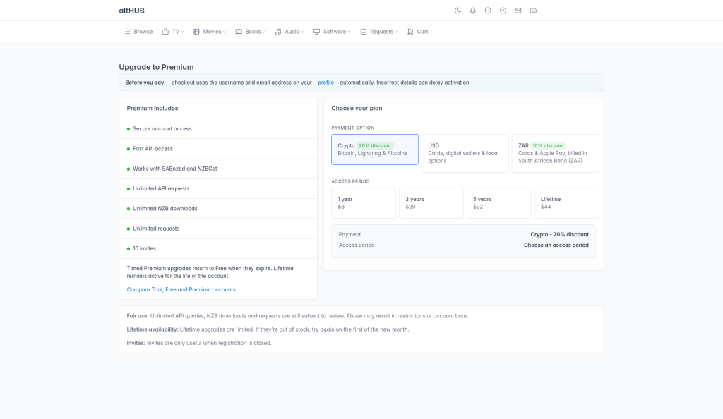 altHUB-Upgrade-auf-Premium-Seite mit Krypto-, USD- und ZAR-Zahlungsoptionen sowie den Zugriffslaufzeiten 1 Jahr, 3 Jahre, 5 Jahre und Lifetime